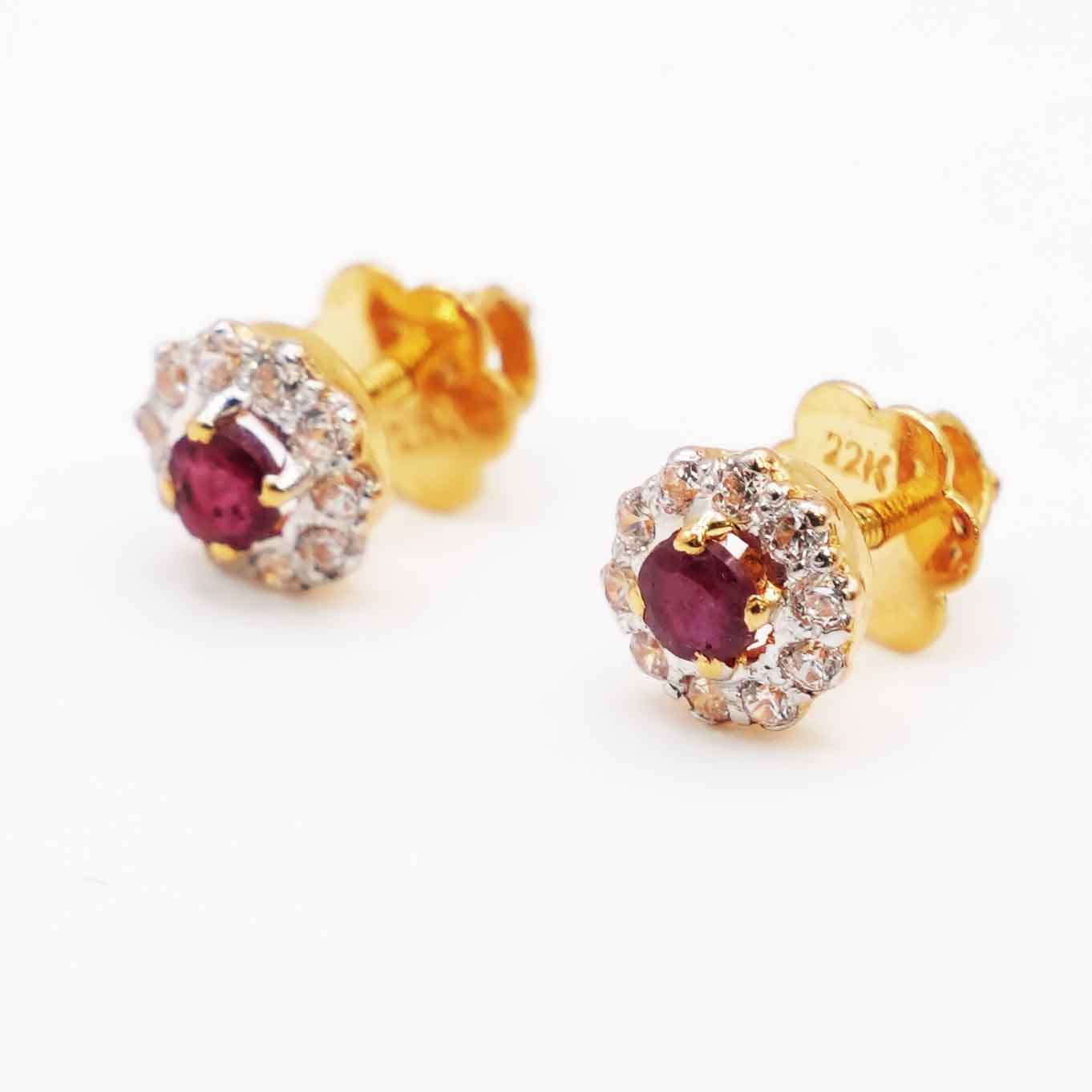 22K Gold Floral Studs with Zircon and Ruby
