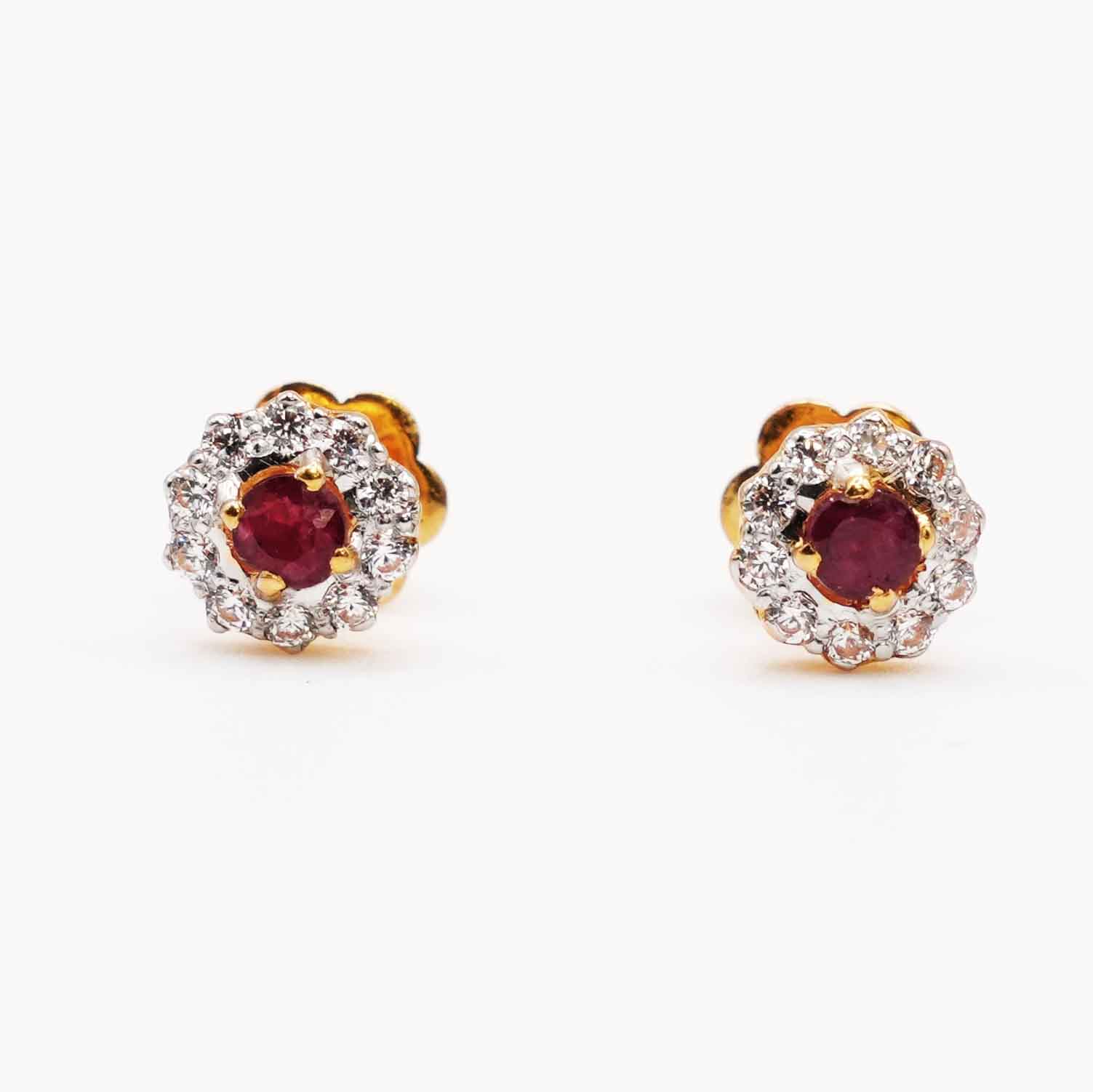 22K Gold Floral Studs with Zircon and Ruby