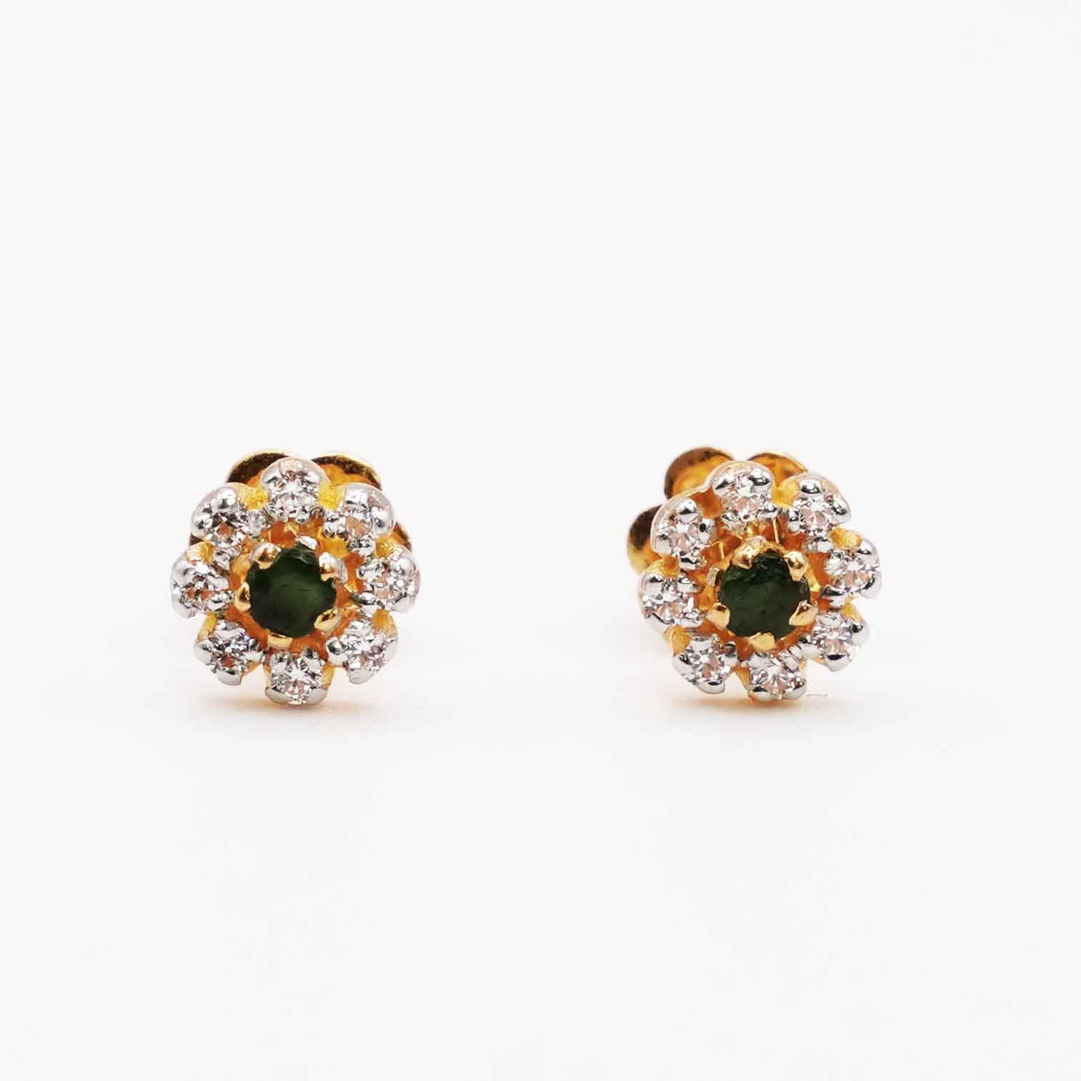 22K Gold Floral Studs with Zircon and Emerald