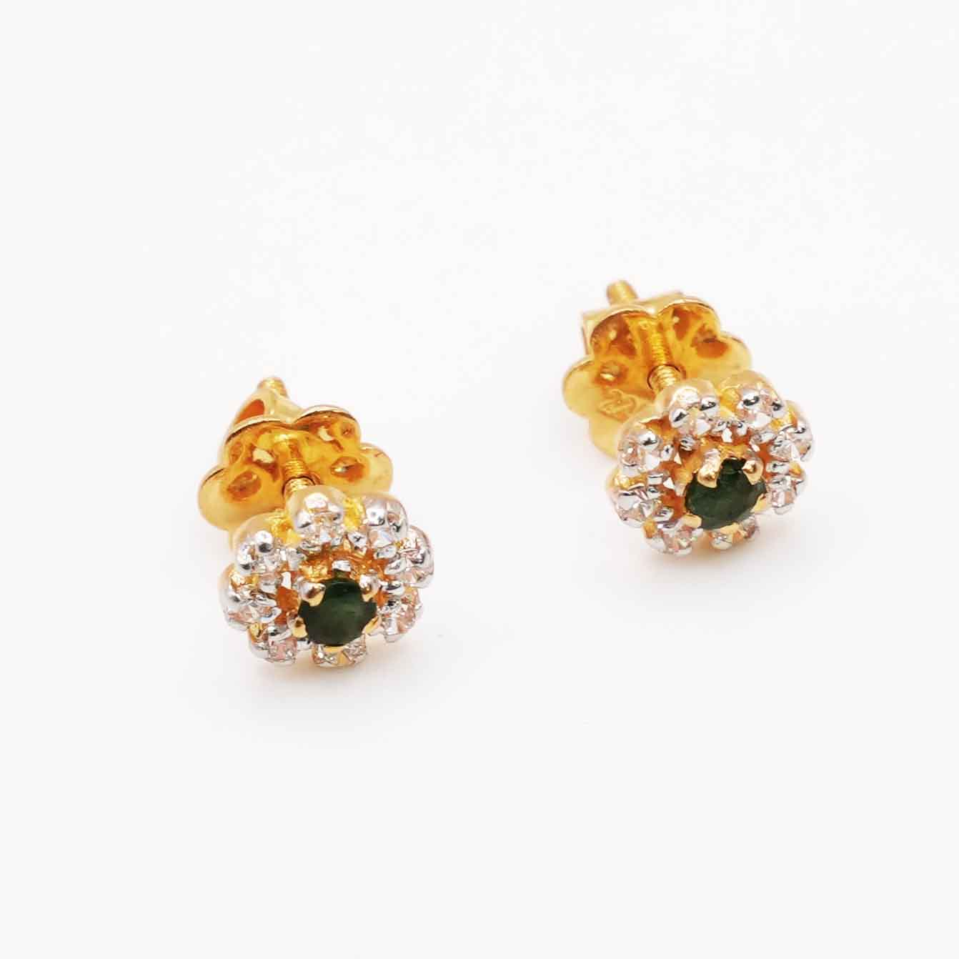 22K Gold Floral Studs with Zircon and Emerald