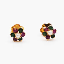 22K Gold Floral Studs with Emeral, Ruby and Pearl