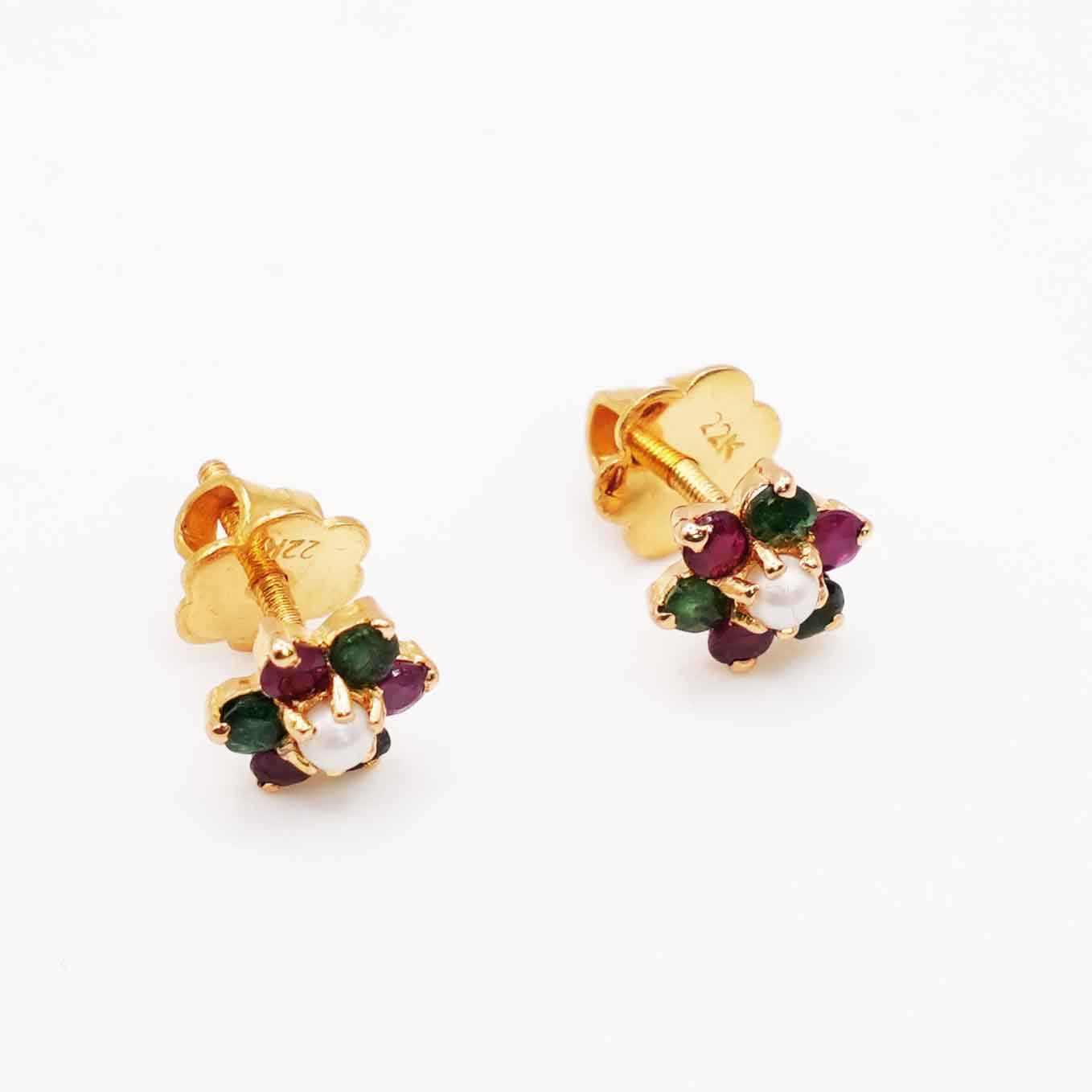 22K Gold Floral Studs with Emeral, Ruby and Pearl
