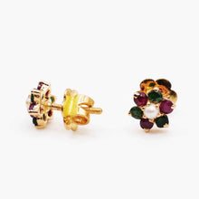 22K Gold Floral Studs with Emeral, Ruby and Pearl