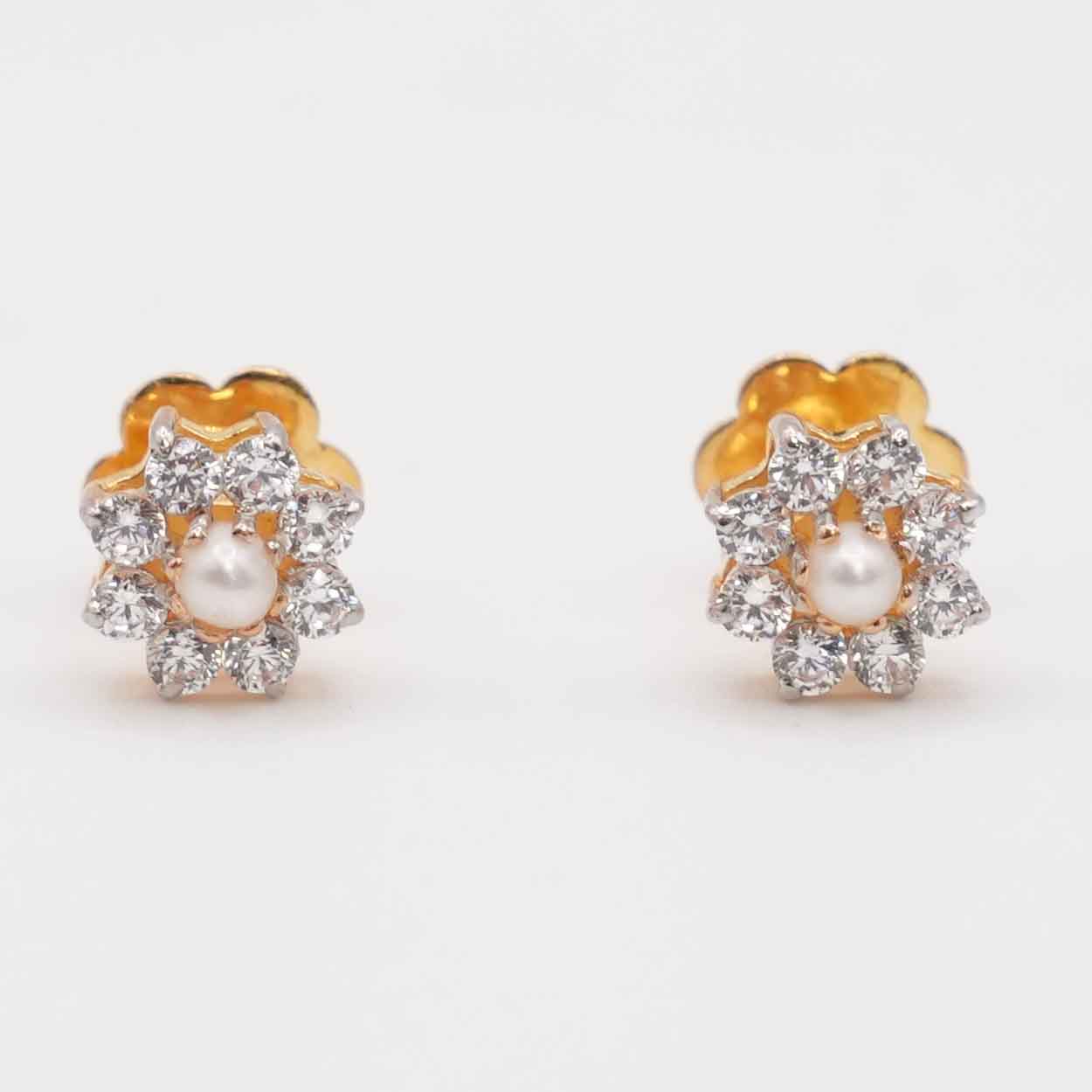 22K Gold Floral Studs with Zircon and Pearl