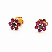 22K Gold Floral Studs with Red & Black Stones