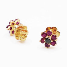 22K Gold Floral Studs with Red & Black Stones