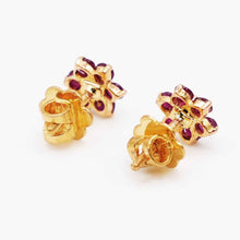 22K Gold Floral Studs with Red & Black Stones