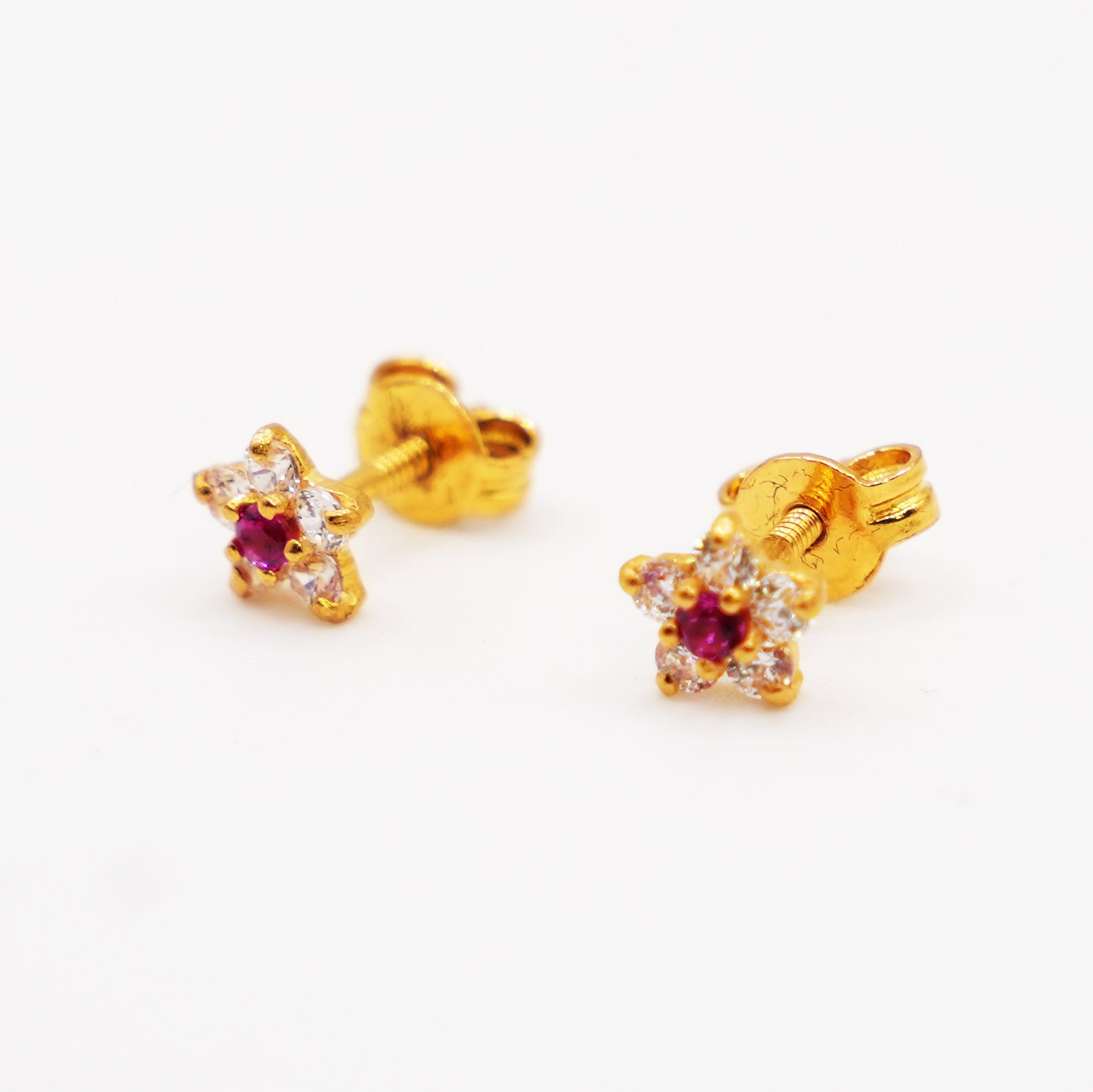 22K Gold Floral White & Red Studs